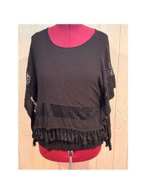 Multiples Black Lace Trim Fringe Blouse Top Size Large